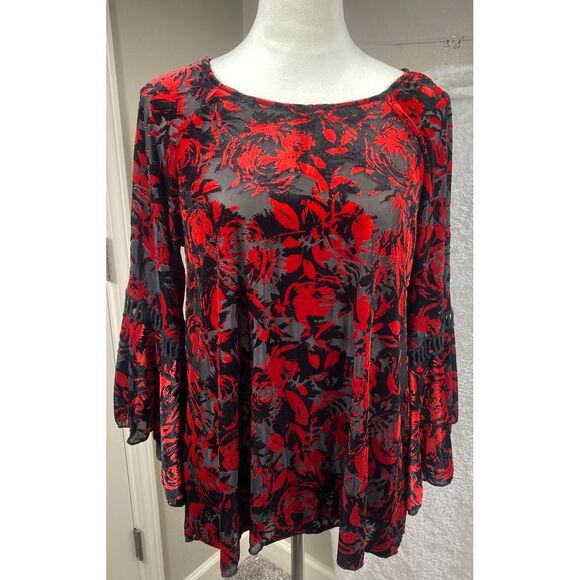 Cupio Tops - Cupio Women's Burnout Blouse Sz L‎ Velvet Red Black Bell Sleeve Whimsygoth Gypsy
